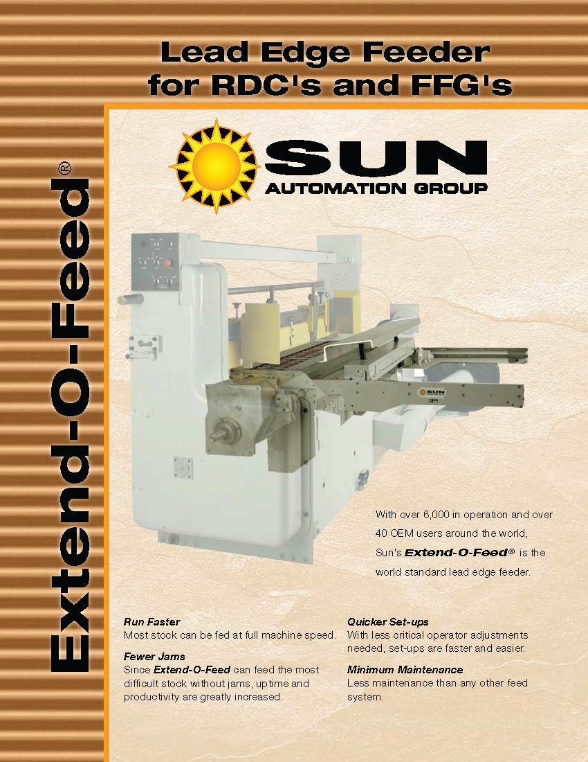 Conozca más acerca de la mesa de alimentación  Extend-O-Feed para Troqueles y Flexos en el folleto de Sun Automation.
