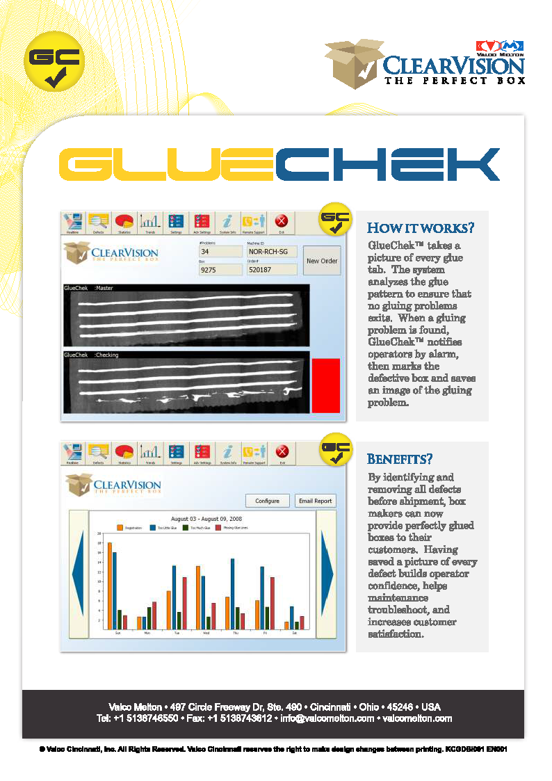 Conozca más acaerca del Sistema de Inspección GlueCheck Valco Melton GlueChek en el folleto.