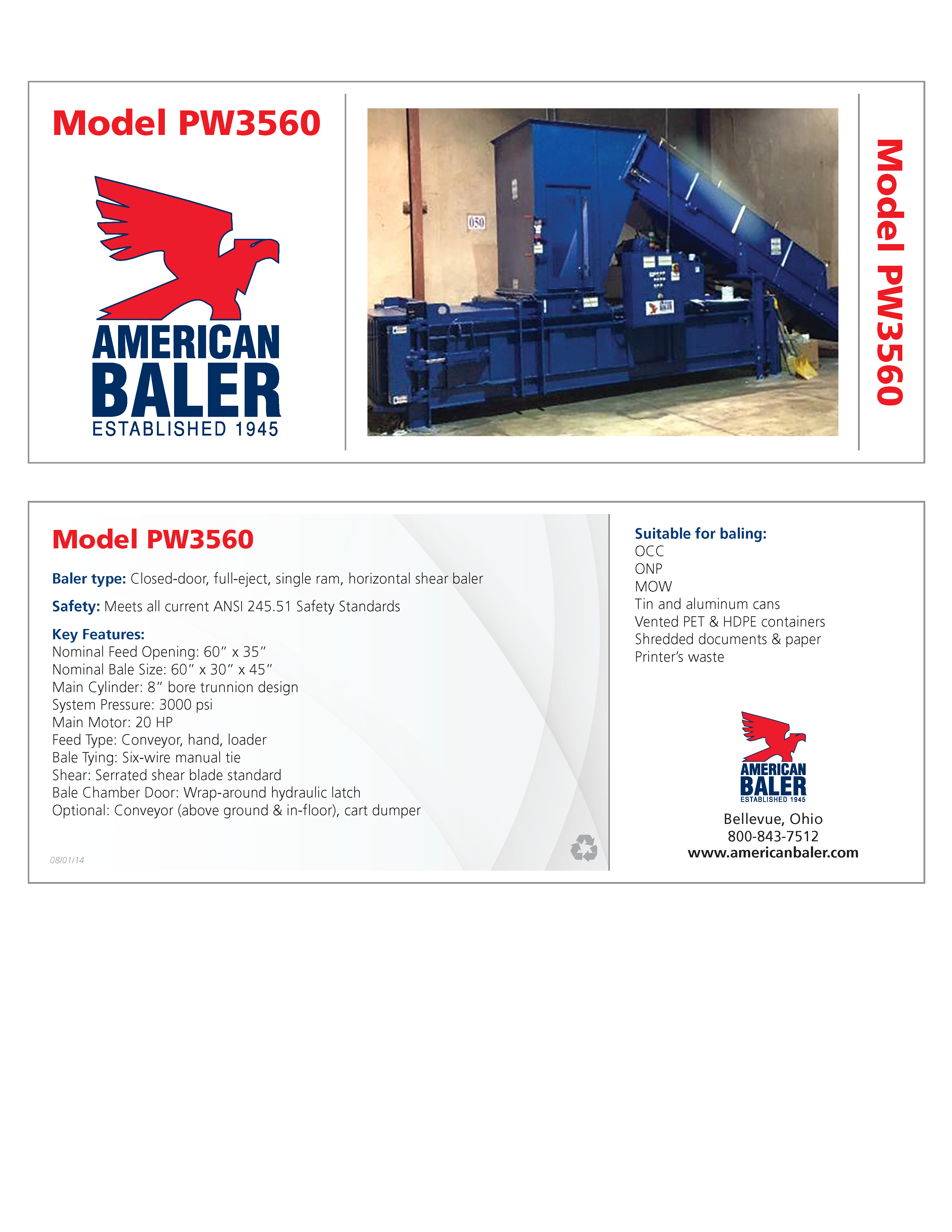 Learn more about the PW3560 Full Eject Manual-Tie Predator Baler in the American Baler Brochure