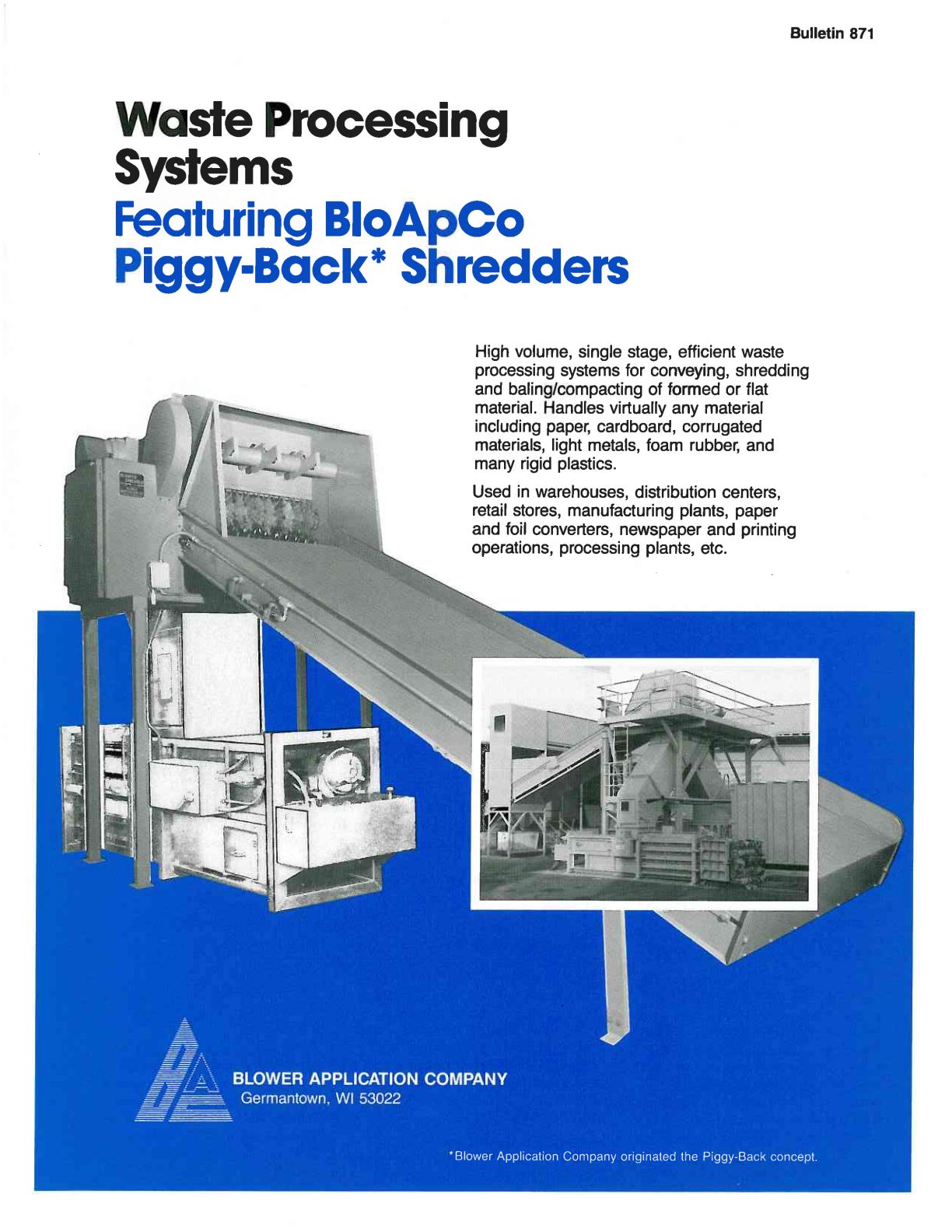 BloApCo Piggyback Shredder Bulletin 871 Brochure preview